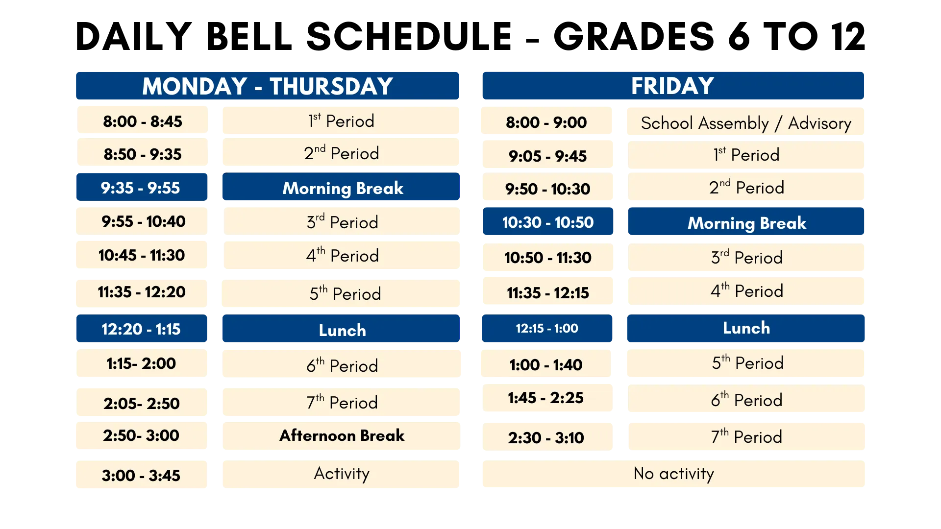 Classroom Schedule - Secondary