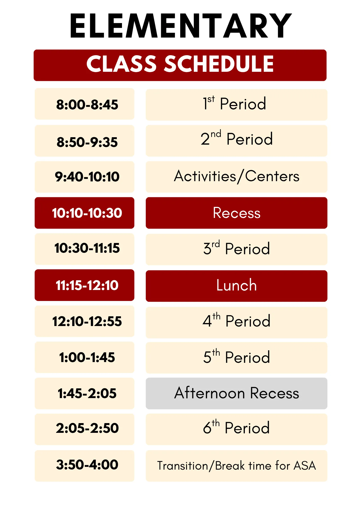 Classroom Schedule - Elementary
